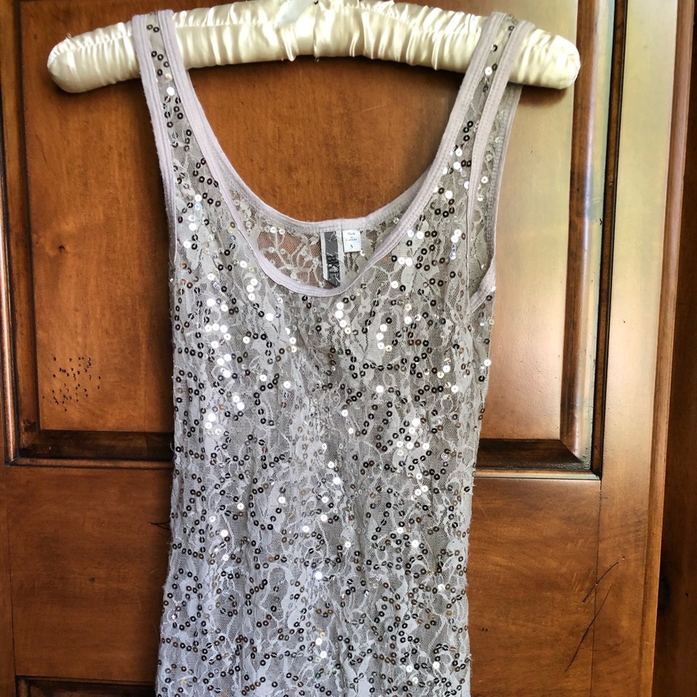 Silver sequin and lace tank top
